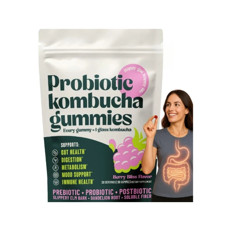 Kombucha Probiotic Gummies with Prebiotics Fiber Vegan Berry Flavor Daily Supplement Digestive Friendly Formula 30 Count
