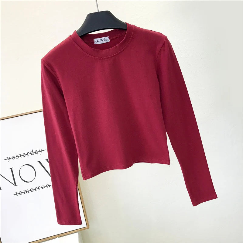 Sexy   Women's Clothing O-Neck Long Sleeve Navel Autumn Base Women's Clothing Fashion Casual Ropa Mujer