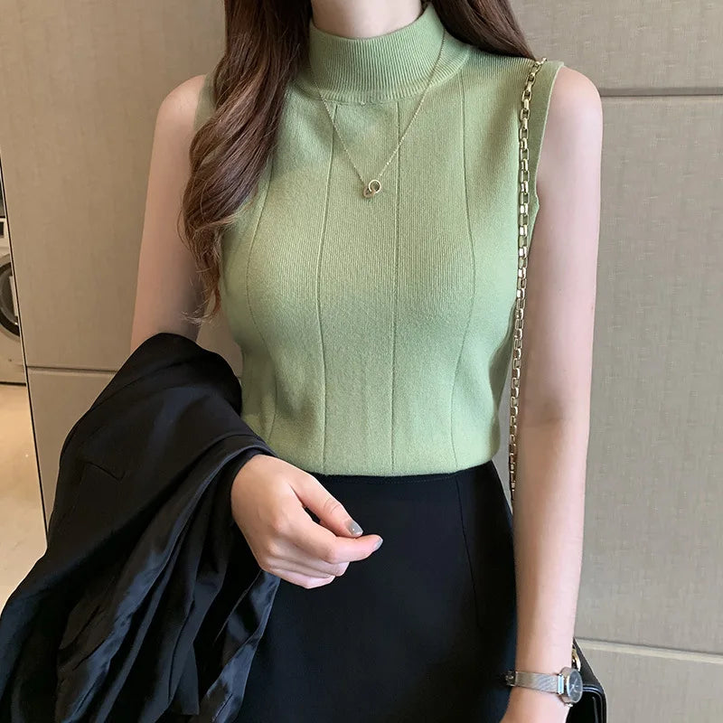 2026 New Arrival Trendy Solid-Color Half-High Neck Base Layer Slim-Fit Sleeveless Knit Sweater Elegant Commuter Inner Vest Top