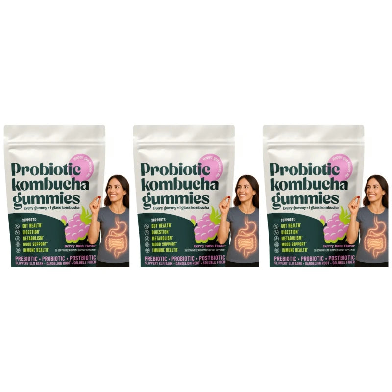 Kombucha Probiotic Gummies with Prebiotics Fiber Vegan Berry Flavor Daily Supplement Digestive Friendly Formula 30 Count