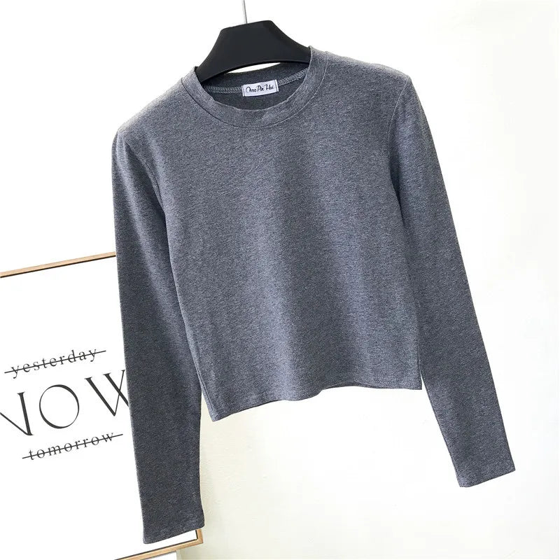 Sexy   Women's Clothing O-Neck Long Sleeve Navel Autumn Base Women's Clothing Fashion Casual Ropa Mujer