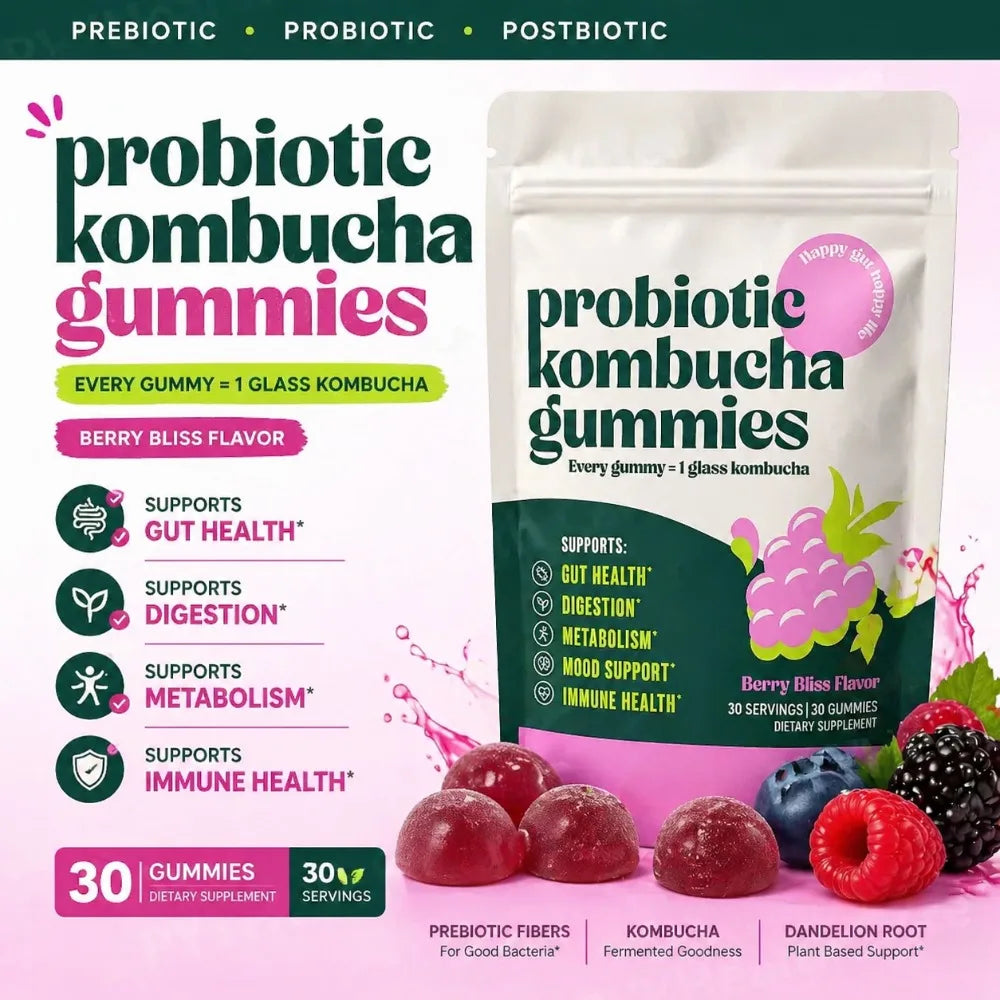Kombucha Probiotic Gummies with Prebiotics Fiber Vegan Berry Flavor Daily Supplement Digestive Friendly Formula 30 Count