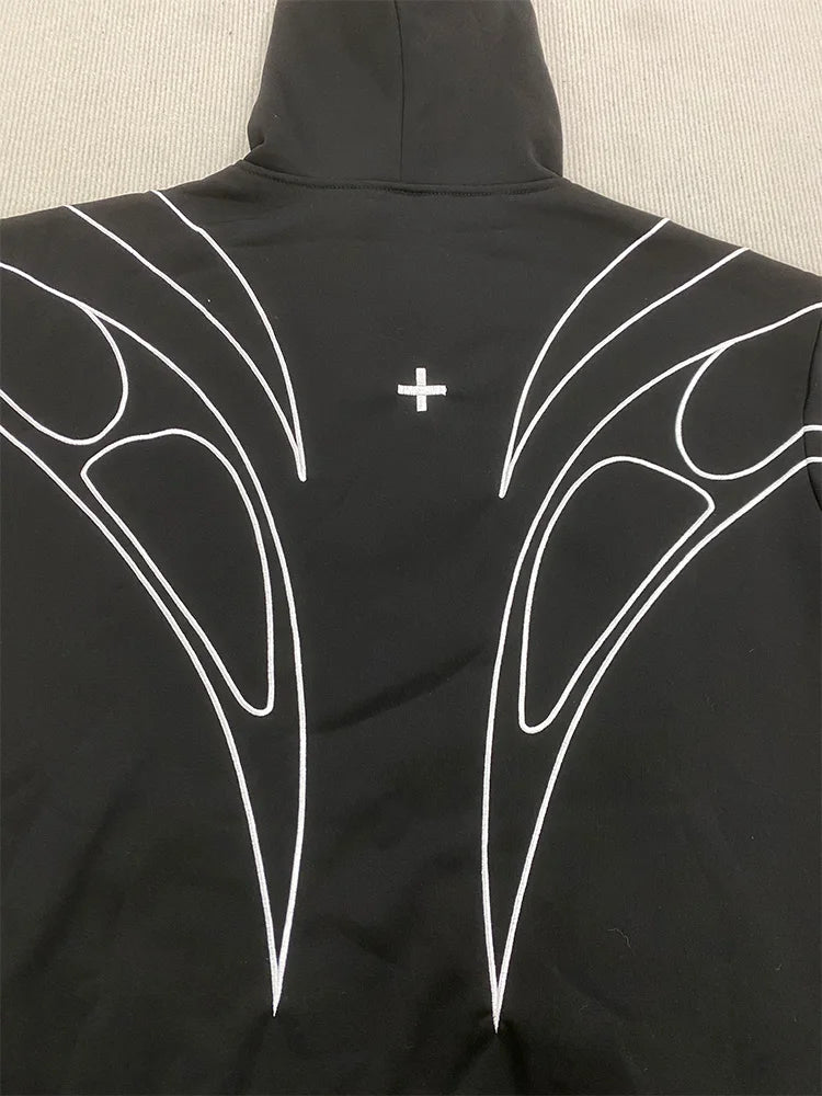 Street Retro Fashion Clothing Striped Embroidered Black Double Zipper Hoodie American Hip-hop Punk Oversized Sweatshirt women