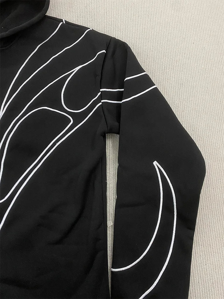 Street Retro Fashion Clothing Striped Embroidered Black Double Zipper Hoodie American Hip-hop Punk Oversized Sweatshirt women