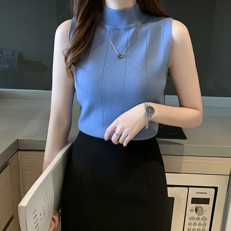 2026 New Arrival Trendy Solid-Color Half-High Neck Base Layer Slim-Fit Sleeveless Knit Sweater Elegant Commuter Inner Vest Top