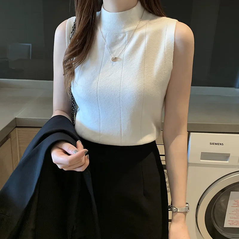 2026 New Arrival Trendy Solid-Color Half-High Neck Base Layer Slim-Fit Sleeveless Knit Sweater Elegant Commuter Inner Vest Top