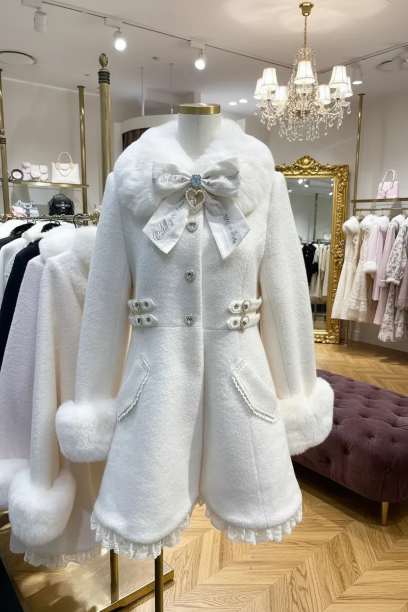 Winter New Japanese Sweet Bow Slim Medium Long Woolen Coat Faux Fur Collar Lolita Girl Women's Pink White Wool Jacket Overcoat