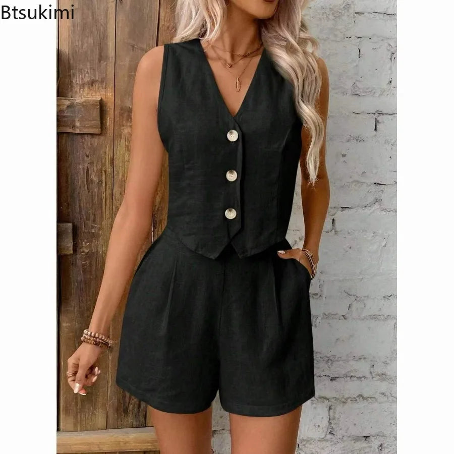 2026 Women's Solid Casual Two Piece Sets Fashion Sexy V-neck Sleeveless Vest Tops and Shorts Suit Women Summer Cotton Linen Sets