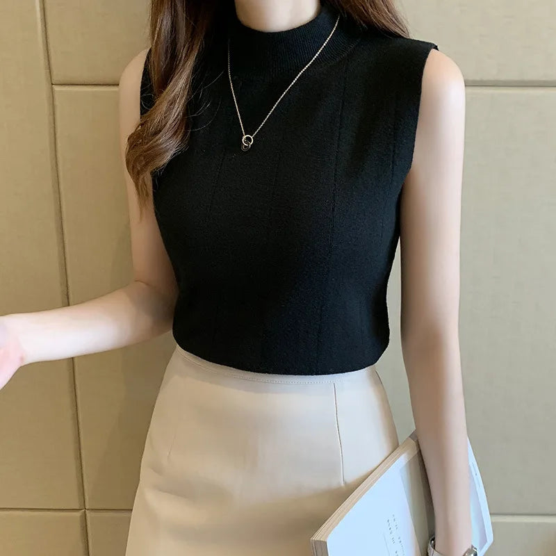 2026 New Arrival Trendy Solid-Color Half-High Neck Base Layer Slim-Fit Sleeveless Knit Sweater Elegant Commuter Inner Vest Top