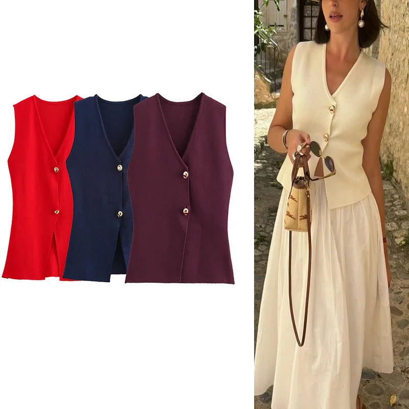 Knit Sleeveless Vest Woman Button New 2025 Spring Cropped Vests for Women Streetwear Basic Vest Top Women Knitted Vest For Women