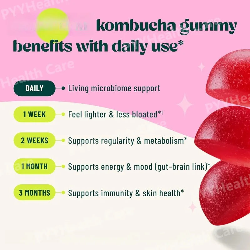 Kombucha Probiotic Gummies with Prebiotics Fiber Vegan Berry Flavor Daily Supplement Digestive Friendly Formula 30 Count