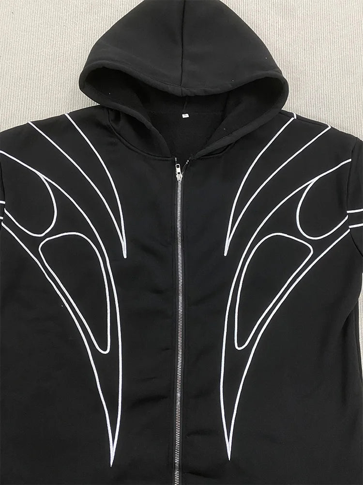 Street Retro Fashion Clothing Striped Embroidered Black Double Zipper Hoodie American Hip-hop Punk Oversized Sweatshirt women