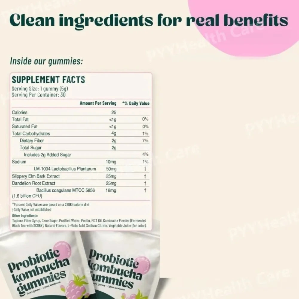 Kombucha Probiotic Gummies with Prebiotics Fiber Vegan Berry Flavor Daily Supplement Digestive Friendly Formula 30 Count