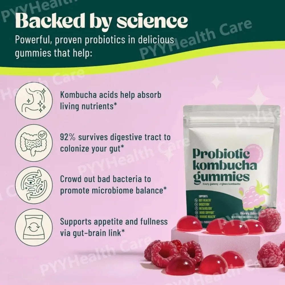 Kombucha Probiotic Gummies with Prebiotics Fiber Vegan Berry Flavor Daily Supplement Digestive Friendly Formula 30 Count