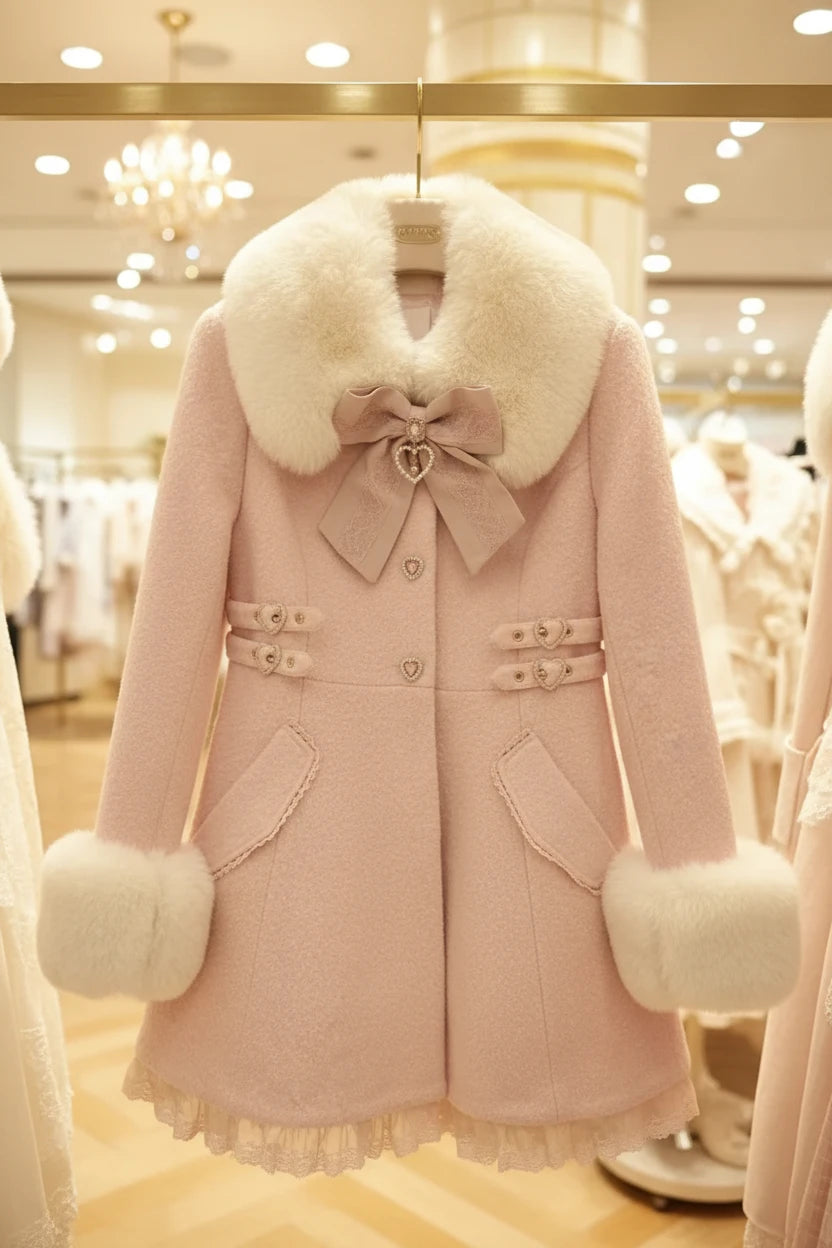 Winter New Japanese Sweet Bow Slim Medium Long Woolen Coat Faux Fur Collar Lolita Girl Women's Pink White Wool Jacket Overcoat