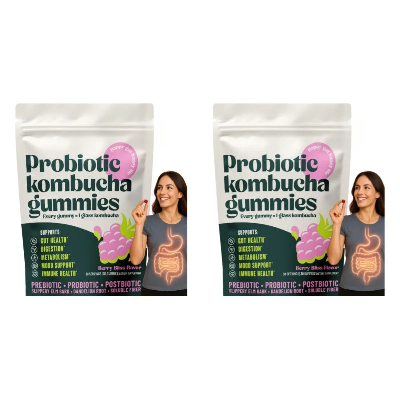 Kombucha Probiotic Gummies with Prebiotics Fiber Vegan Berry Flavor Daily Supplement Digestive Friendly Formula 30 Count