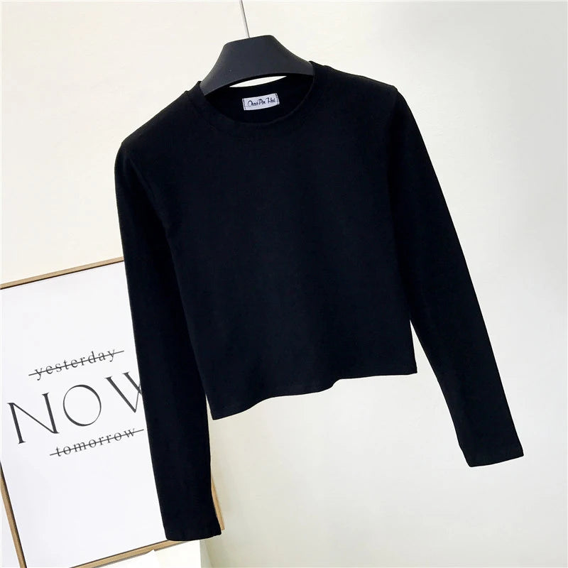Sexy   Women's Clothing O-Neck Long Sleeve Navel Autumn Base Women's Clothing Fashion Casual Ropa Mujer