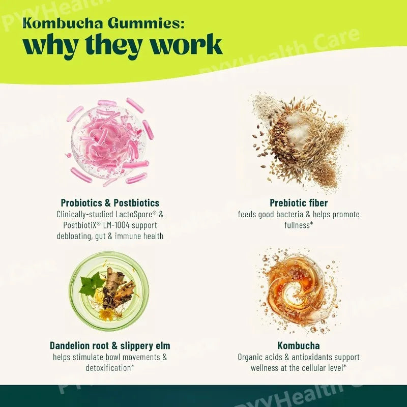 Kombucha Probiotic Gummies with Prebiotics Fiber Vegan Berry Flavor Daily Supplement Digestive Friendly Formula 30 Count