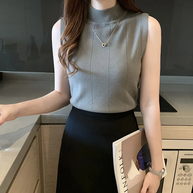 2026 New Arrival Trendy Solid-Color Half-High Neck Base Layer Slim-Fit Sleeveless Knit Sweater Elegant Commuter Inner Vest Top