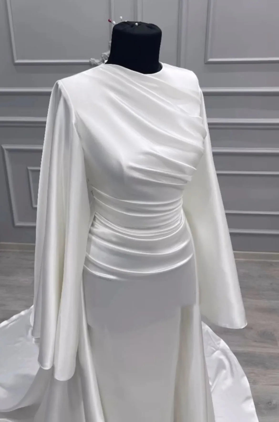 Eightale Arabic Wedding Dresses O-Neck Customized Long Sleeves Satin Mermaid Muslim Bridal Gown Vestidos De Novia