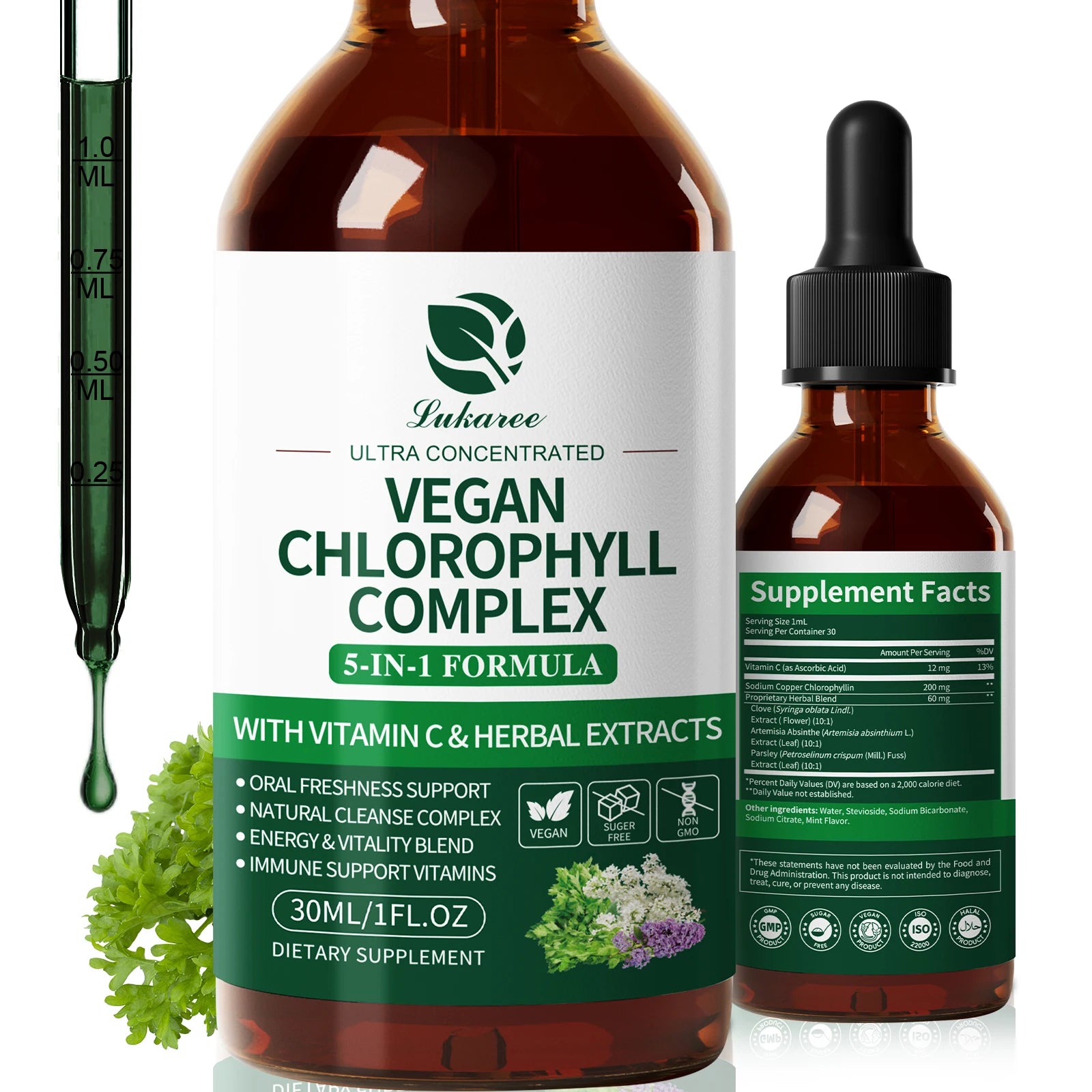 Lukaree 30MLChlorophyll Liquid Drops Supports Natural Cleansing & Immune, Internal Deodorant,Skin & Gut Health,Vegan,Sugar-Free