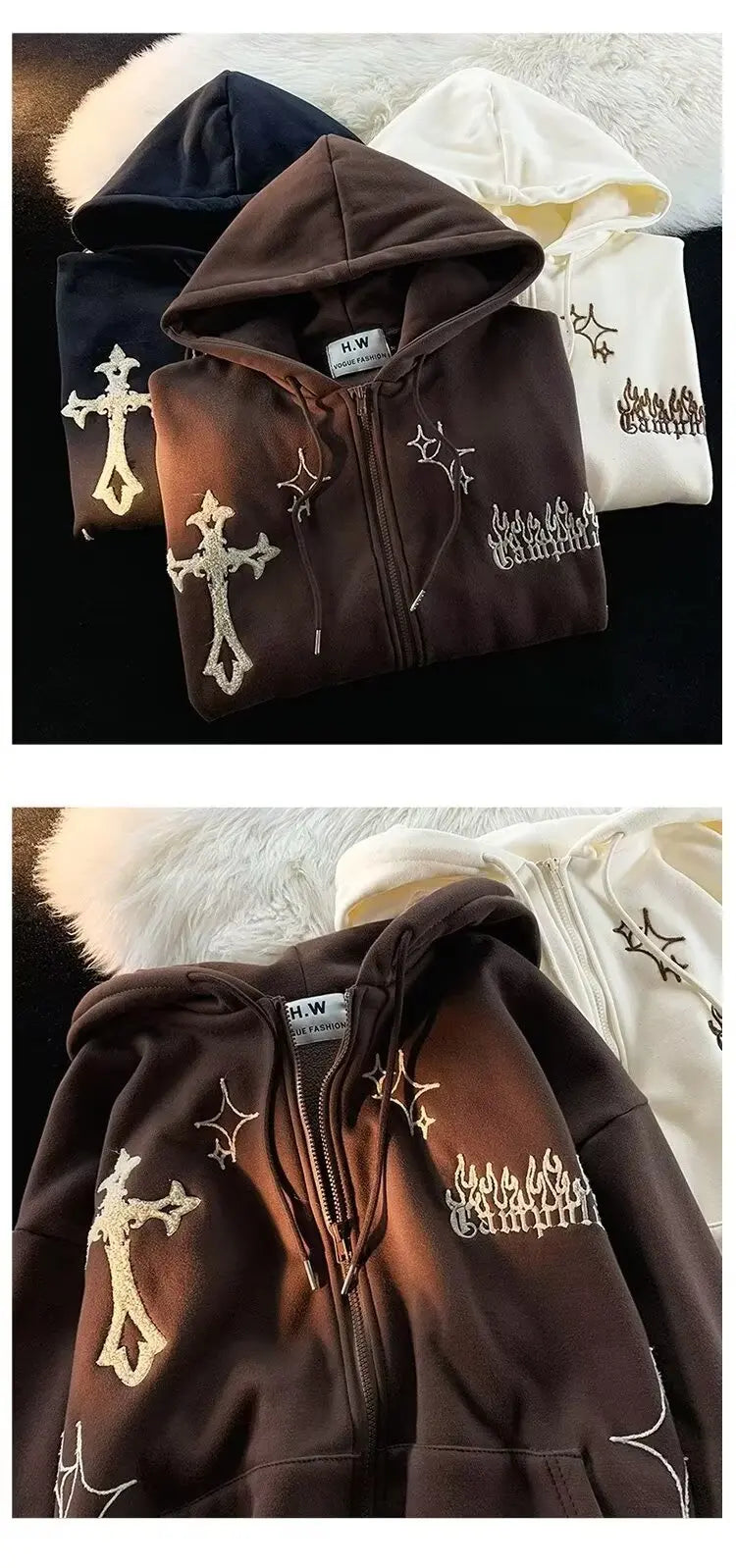 Retro Y2K Autumn Winter Hooded Coats Fashion Women Long Sleeve Embroidered Cross Fire Jackets Casual Streetwear Sweatshirts