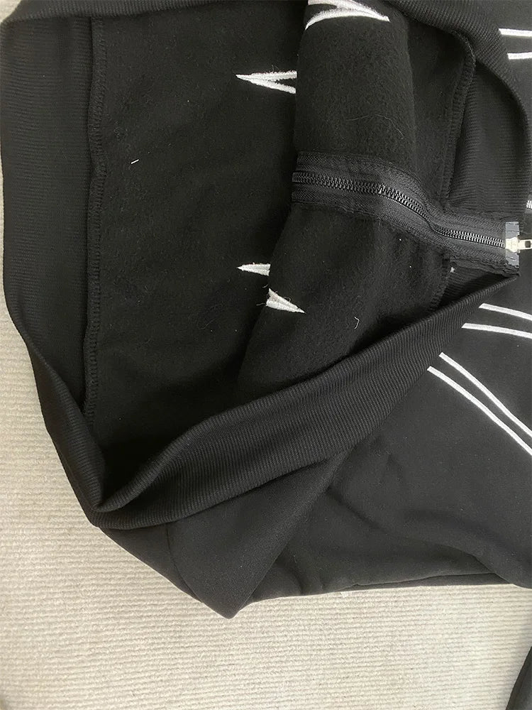Street Retro Fashion Clothing Striped Embroidered Black Double Zipper Hoodie American Hip-hop Punk Oversized Sweatshirt women