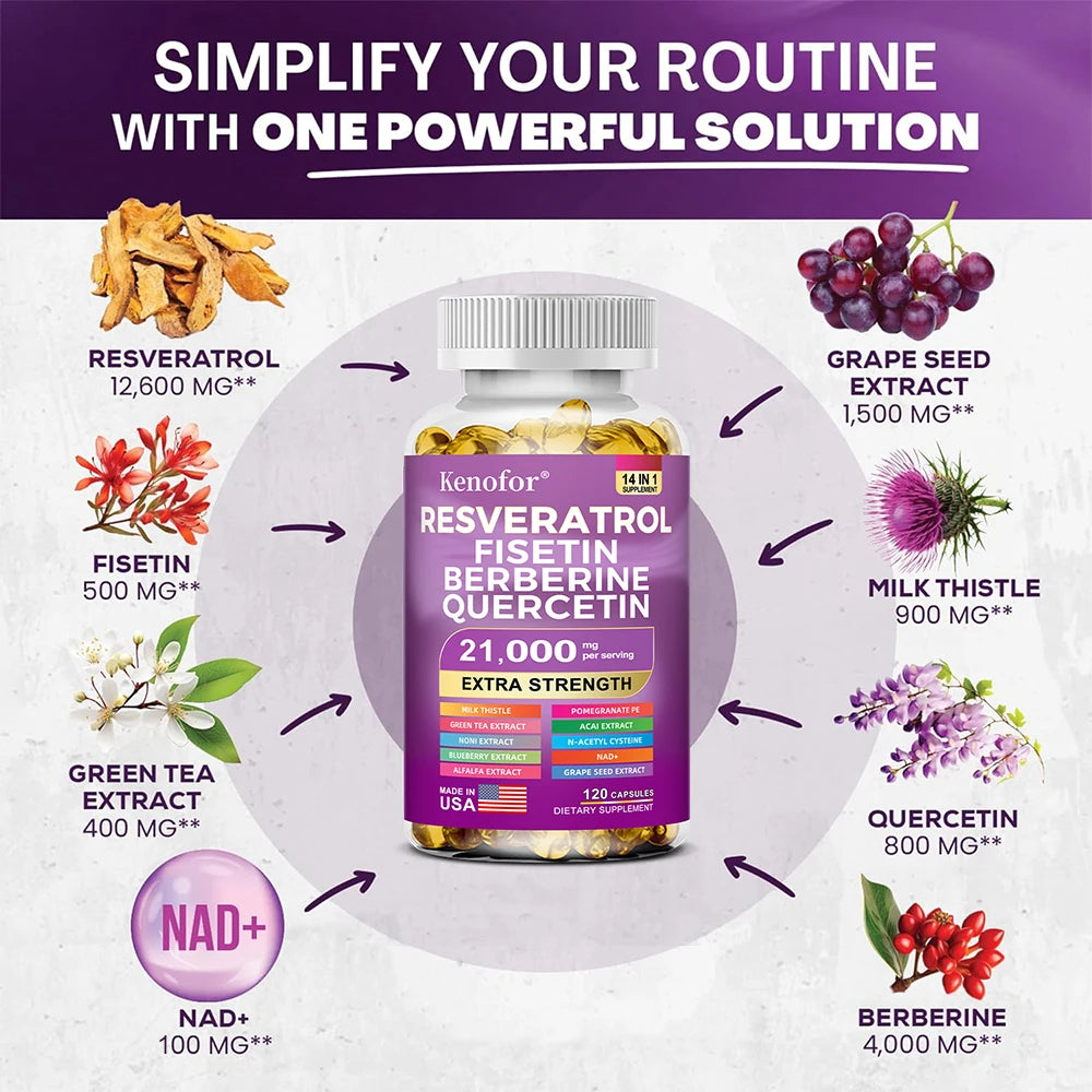 Resveratrol NAD Grape Seed and Berberine Capsules, Improve Immunity, Antioxidants, Cardiovascular Health, Promotes Smooth Skin