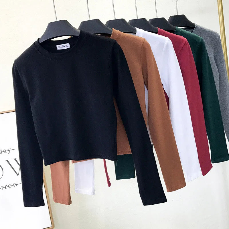 Sexy   Women's Clothing O-Neck Long Sleeve Navel Autumn Base Women's Clothing Fashion Casual Ropa Mujer
